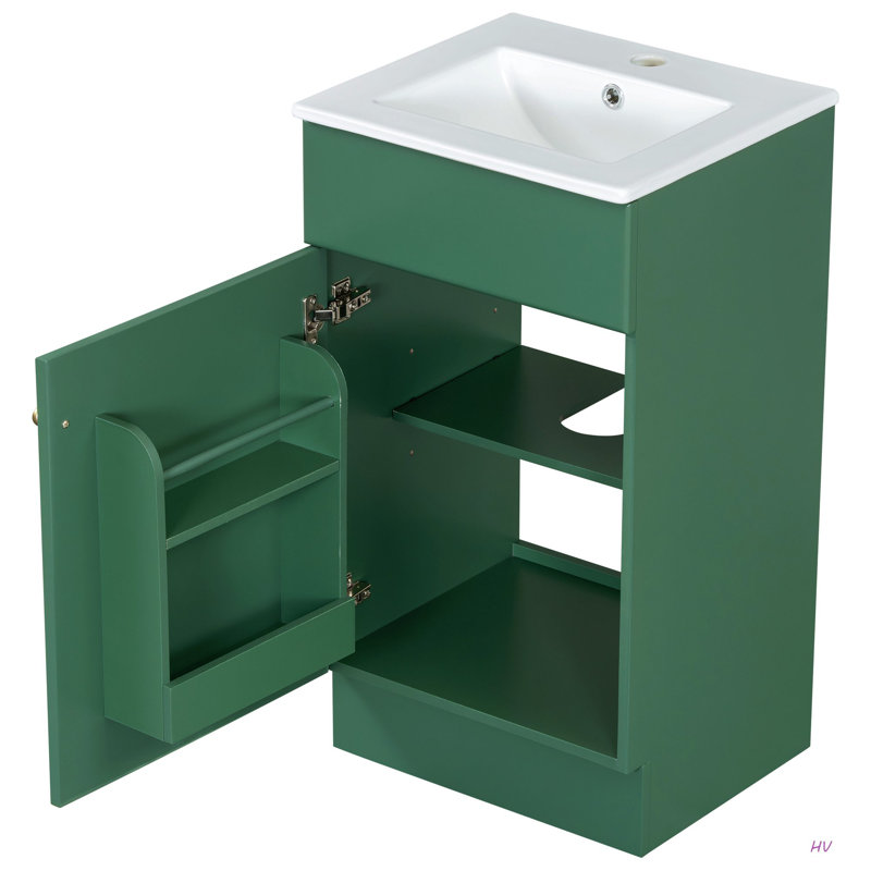 Meuble-lavabo 18 po avec lavabo, meuble-lavabo avec tablette de porte et tablette réglable, Vert / doré