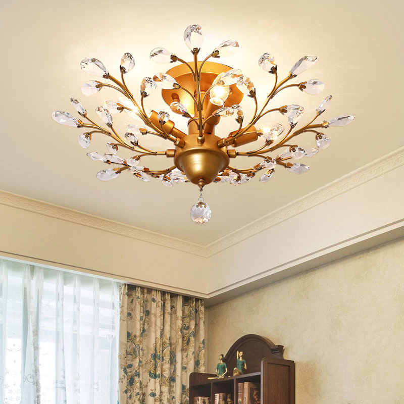Jamei 23.6" W 4-Light Metal and Crystal Dimmable Semi-Flush Mount , Gold