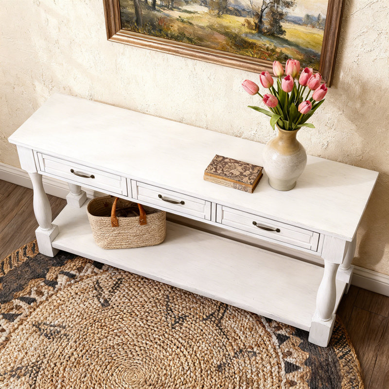 Wood Console Table With 3 Drawers And 5 Bottom Shelf For Entryway Hallway Extra-Thick Sofa Table, Antique White