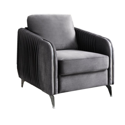 32" Velvet Armchair , Gray Color, Metal Trim And Legs Chair In Gray, Featuring Vertical Pattern Stable