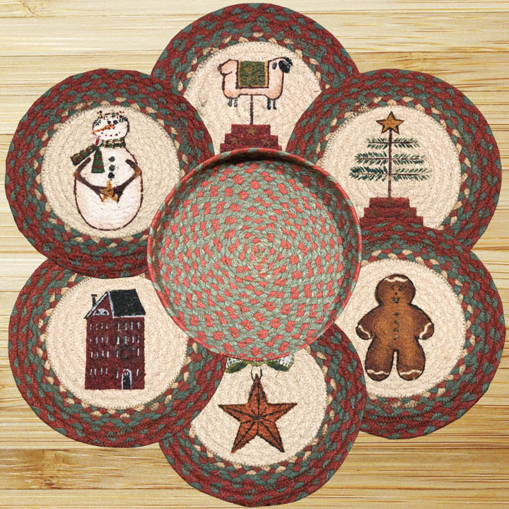 Earth Rugs Winter Trivets in Basket – 10"x10" Braided Jute Seasonal Table Mats with Decorative Storage