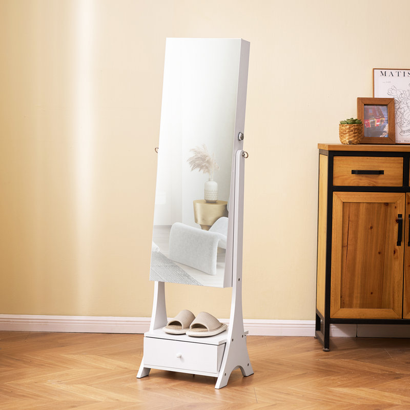 Miroir sur pied avec rangement pour armoire à bijoux pleine grandeur, Blanc