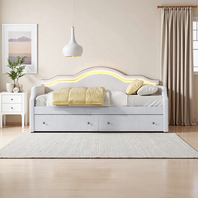 Lit de jour double rembourré avec lumières DEL et lit de jour en velours avec 2 tiroirs de rangement, Complet/Double, Beige
