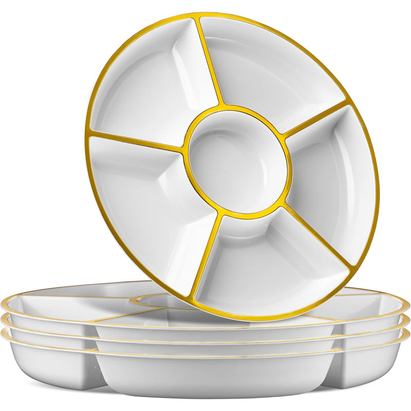 6 plateaux de service modulaires ronds en plastique (2, blanc et or)