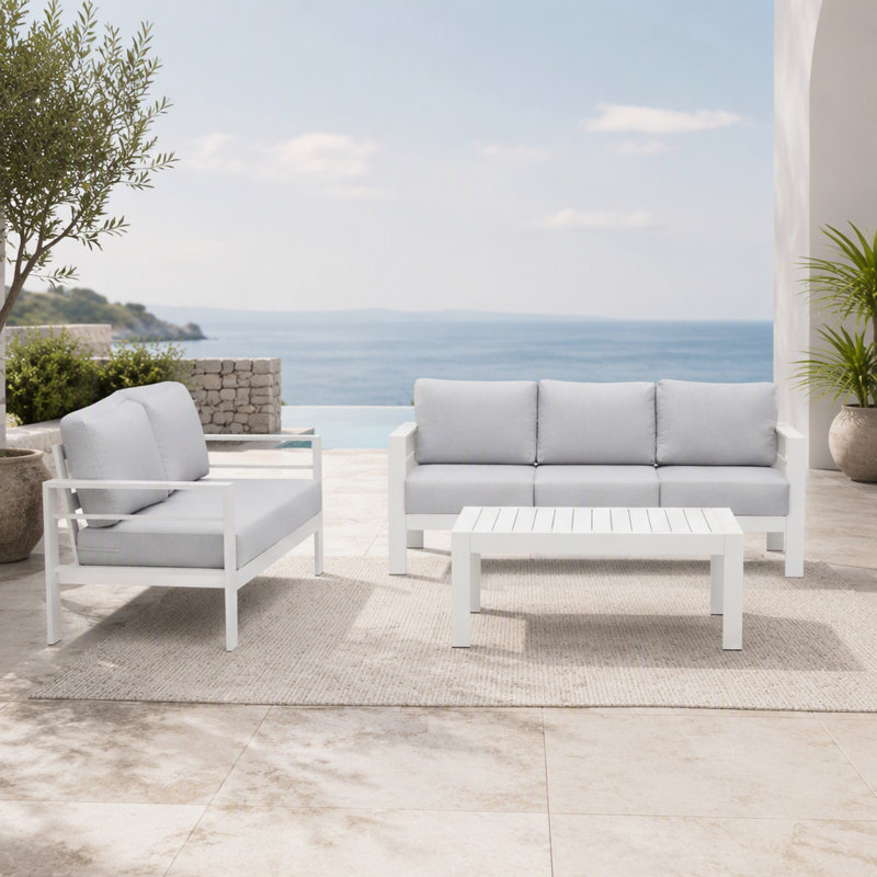 Ensemble de conversation de patio 3 pièces en aluminium 3 pièces, canapé d'extérieur 5 places avec coussins gris clair épais et structure blanche et table basse