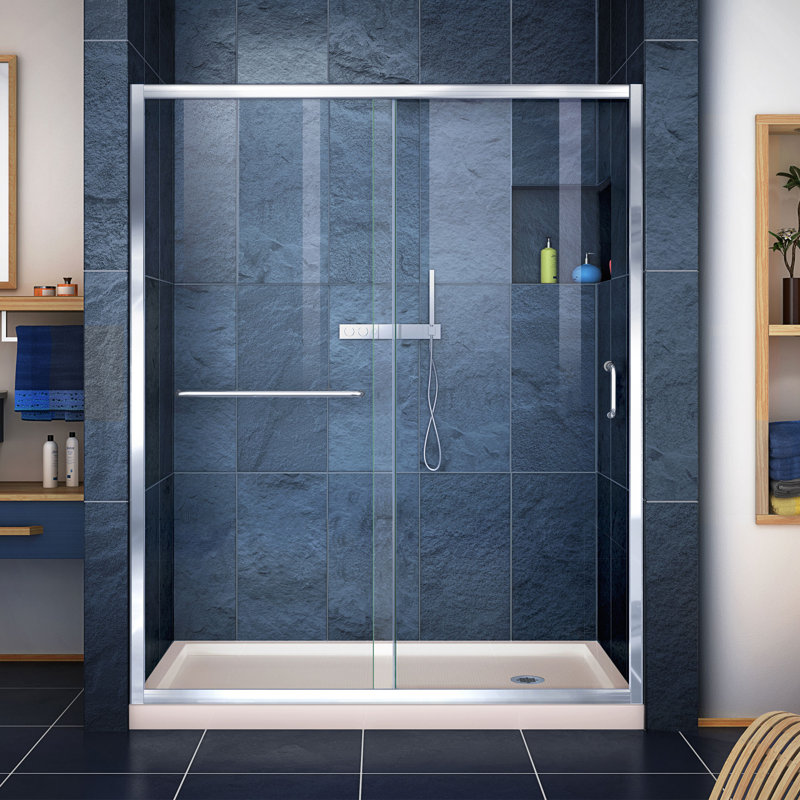  DreamLine Infinity-Z 32 inch D x 60 inch W x 74 3/4 inch H Semi-Frameless Sliding Clear Shower Door in Chrome with Right Drain Biscuit Shower Base Kit