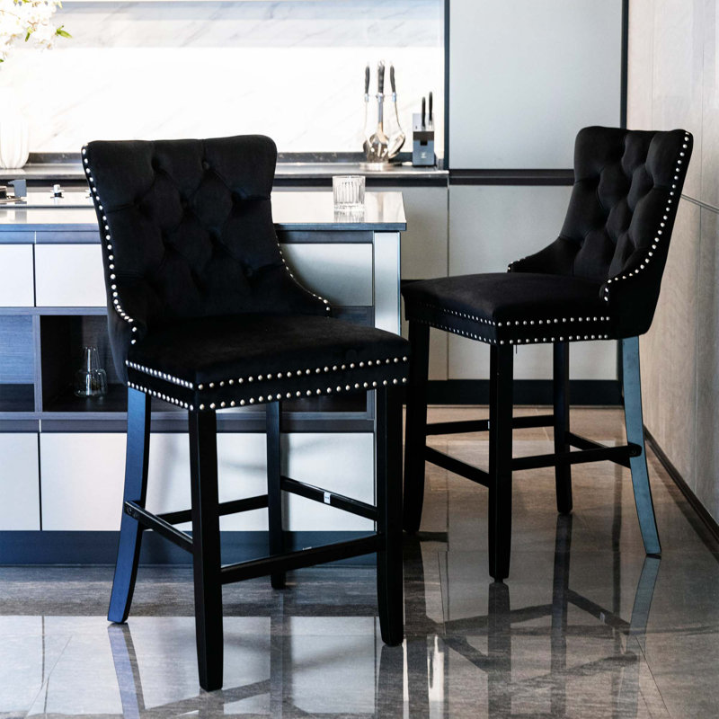Original Product Name: Contemporary Velvet Upholstered Barstools With Button Tufted Decoration And Wooden Legs, Black, Black