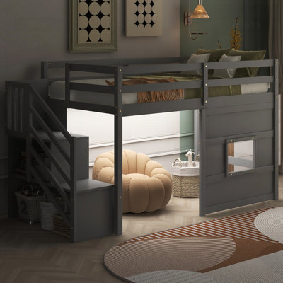 Loft Bed With Storage Staircase And Window, With LED Light