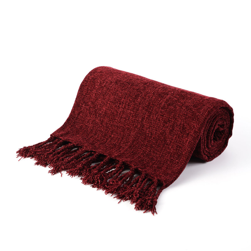 Jeté en velours Chenille, jeté décoratif à franges pour lit 50 po x 60 po, Bourgogne