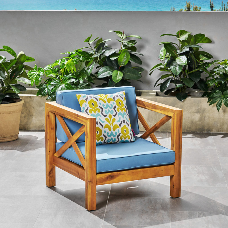 Fauteuil club Brava, confortable et polyvalent, Tissu imperméable bleu, Naturel