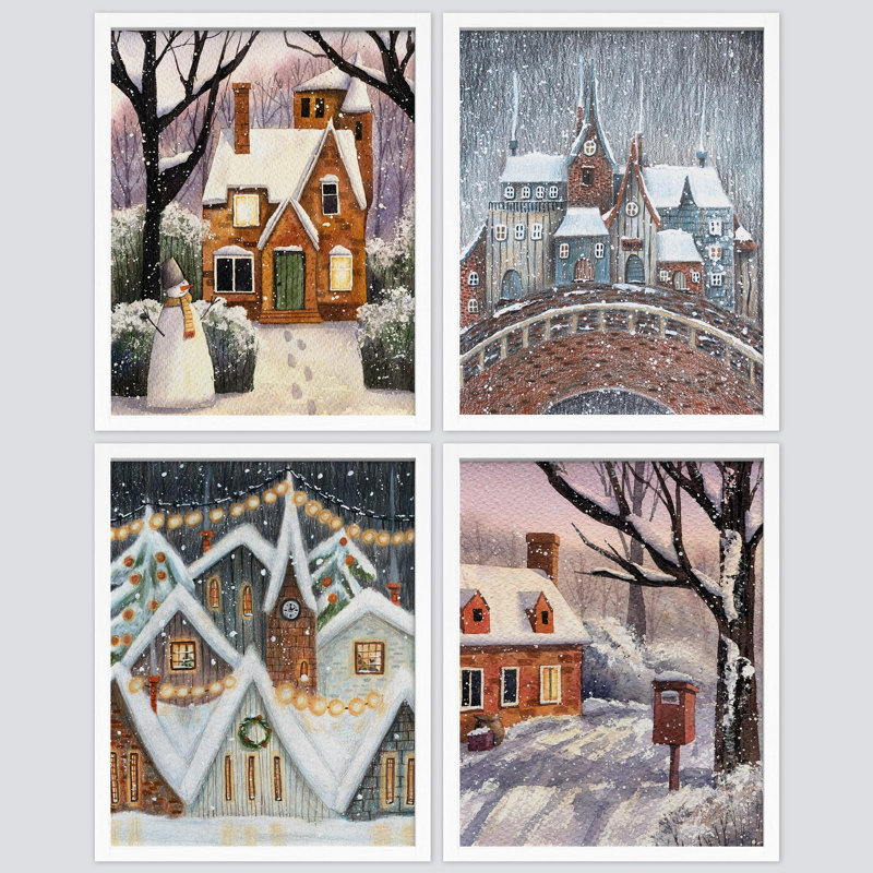 Winter European Cottage Christmas Storybook encadré sur papier, impression de 4 pièces, Blanc, H 14 po x l 11 po