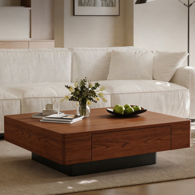 Table basse moderne en bois avec 2 tiroirs, table centrale carrée pour l'organisation et la décoration du salon