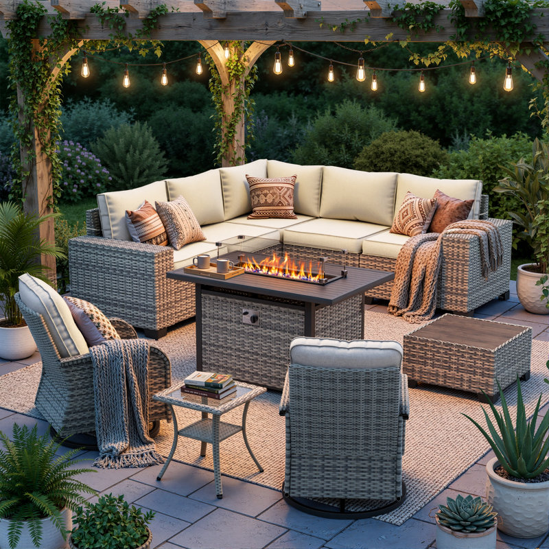 10-Piece Outdoor Patio Sectional Conversation Set With Fire Pit Table And Swivel Rocker Chairs, Beige
