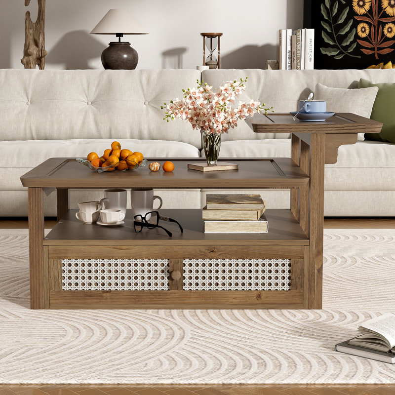 Table basse moderne U-Can, table basse avec 1 tablette de rangement, 2 plateaux de table et 1 tiroir en rotin pour le salon