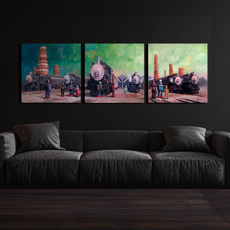 Ensemble de 3 pièces «Trainyard» par Eric Joyner, art mural en verre acrylique, H 36 po x l 108 po 