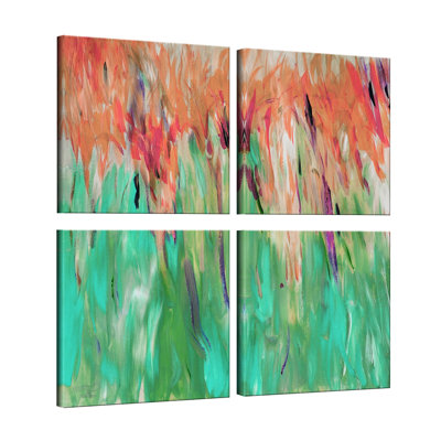 'Abstract Landscape' 4 Piece Framed Print Set on Canvas in Green/Red