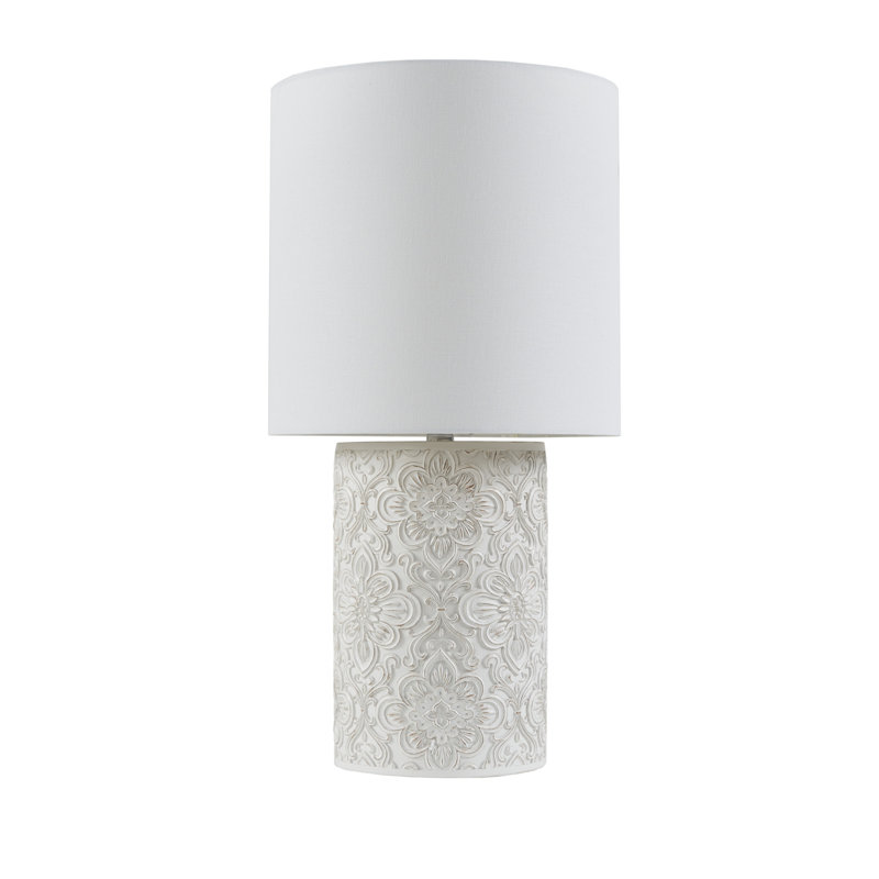 Ivory Floral Embossed Resin Cylinder Table Lamp with 3-Way Switch