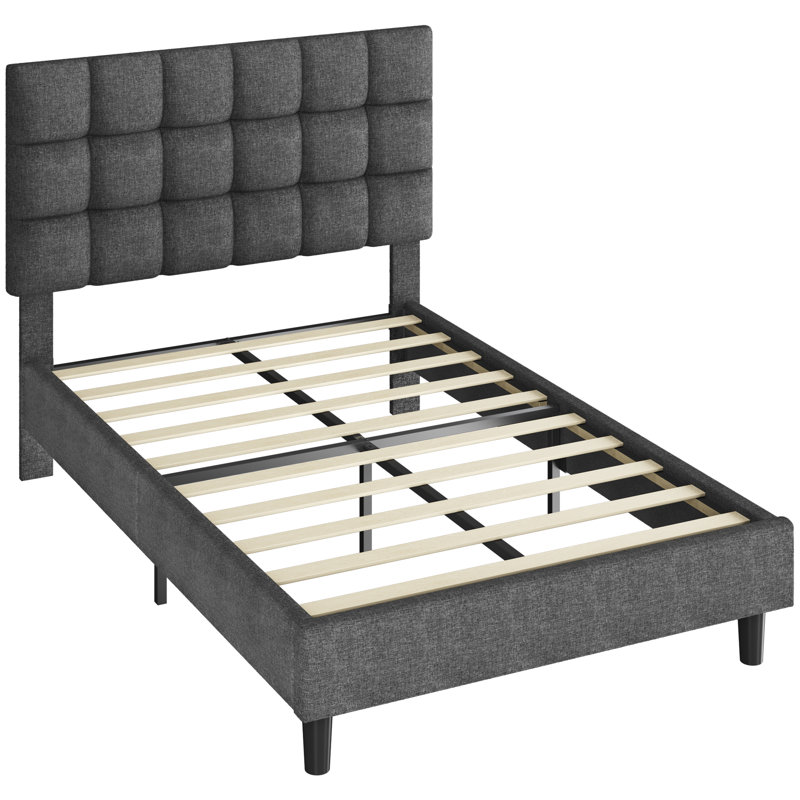 Size Modern Upholstered Bed Frame with Adjustable Square Tufted Headboard, Linen Fabric/Dark Grey, Small Double (4')