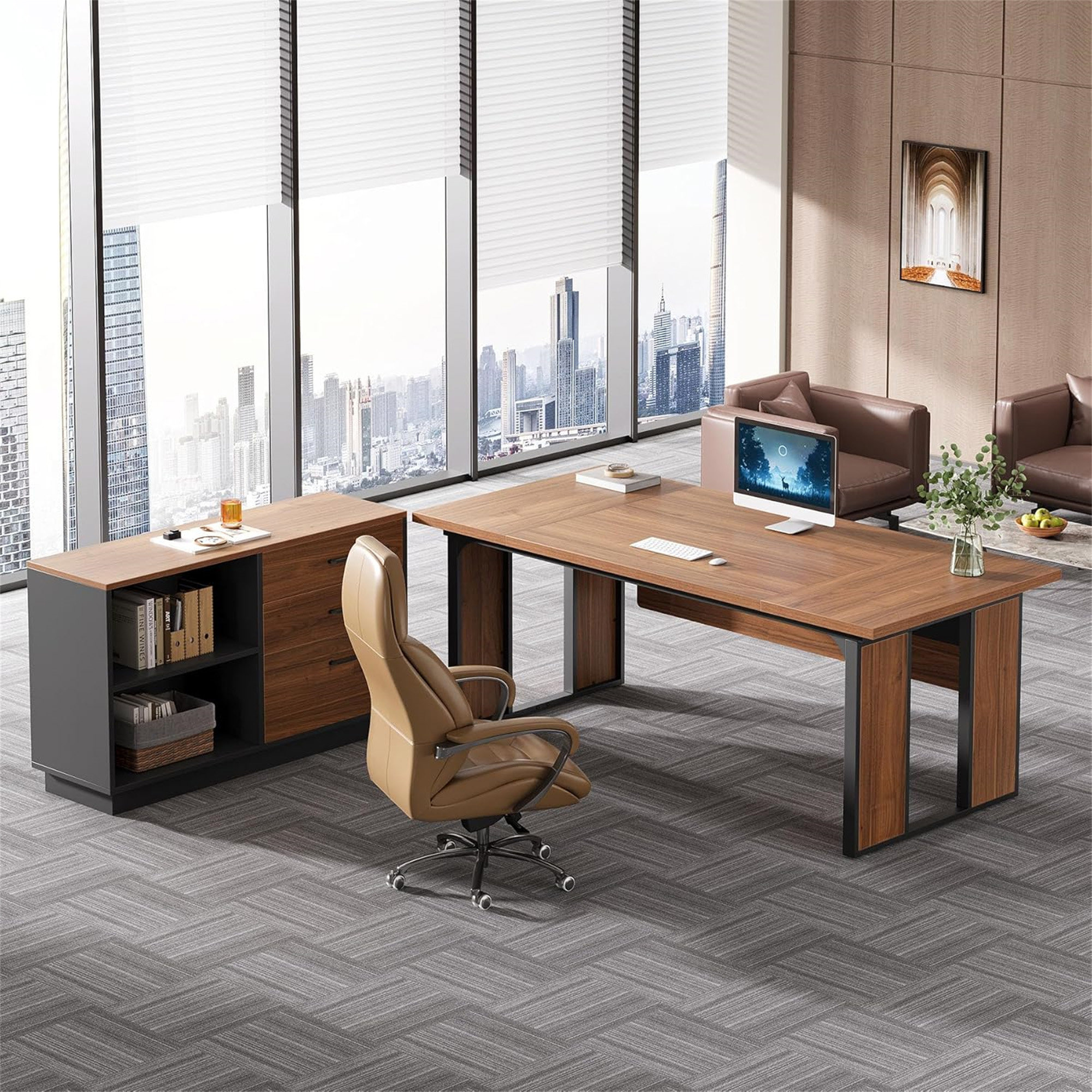 Inbox Zero 63-Inch L-Shaped Executive Desk With 47-Inch File Cabinet ...