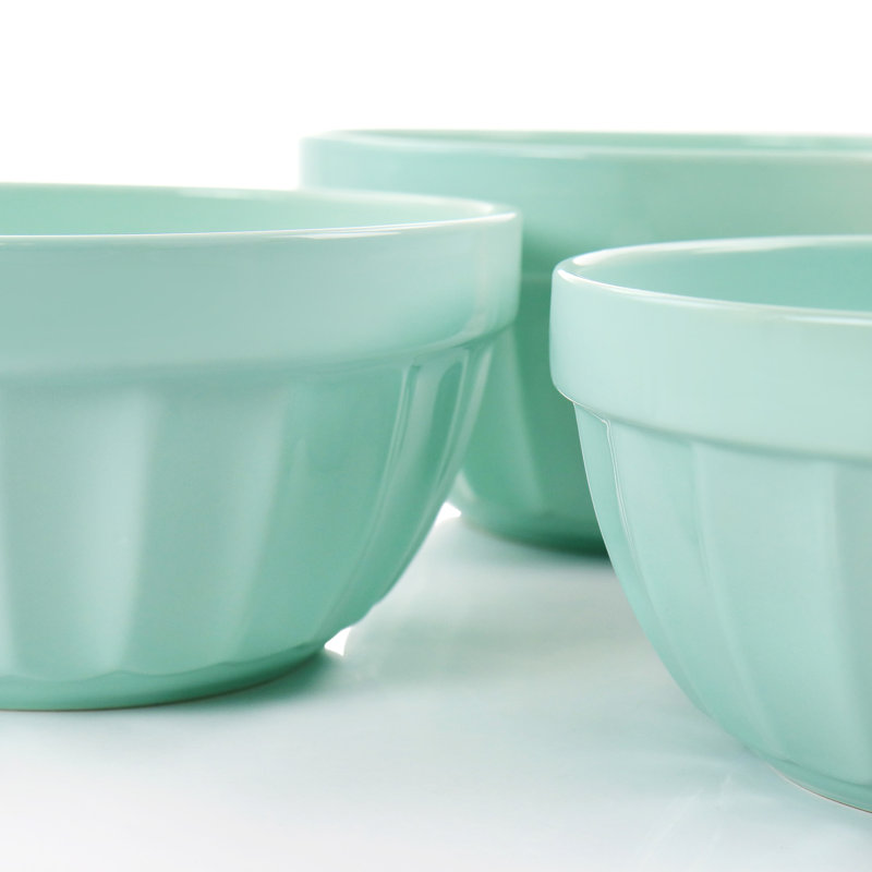 Martha Stewart Broadbrook 3 Piece Stoneware Mixing Bowl Set in Linen, Mint