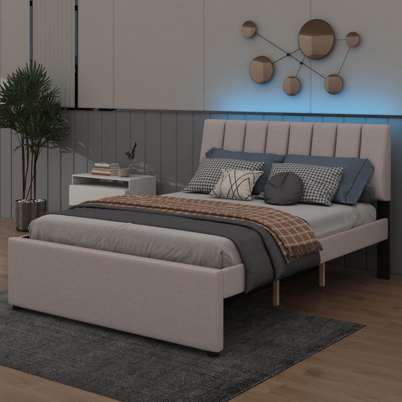 Lit plateforme tapissier Teddy, Beige, Lit double