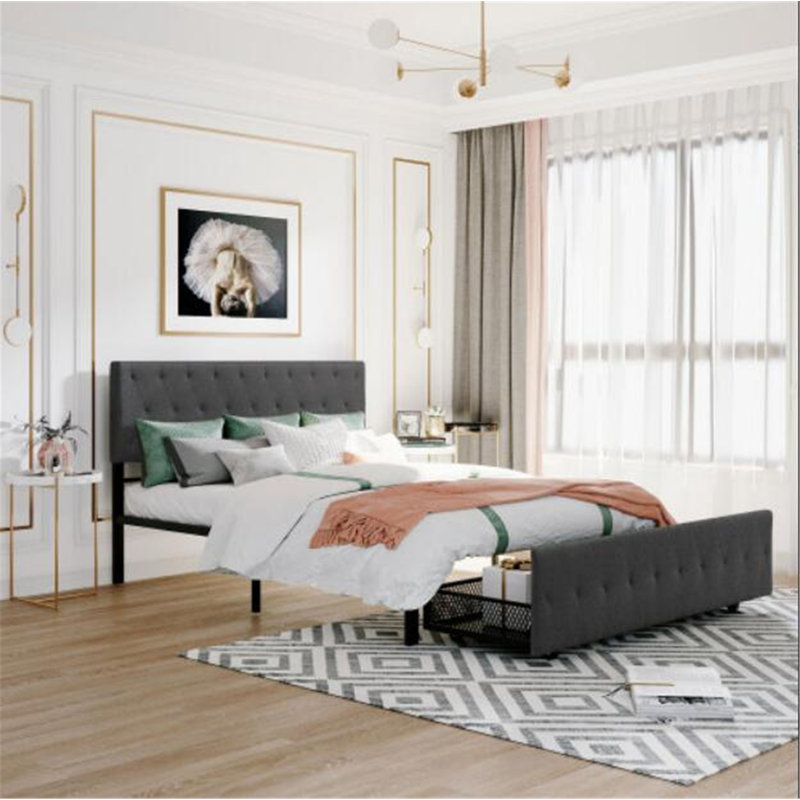Lit plateforme capitonné avec rangement, Gris, Grand