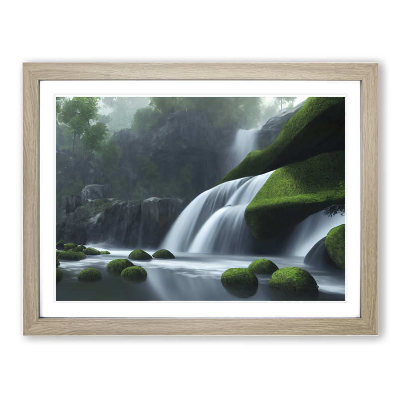 Reflective Waterfall - Single Picture Frame Print, 25cm H x 34cm W x 2cm D, Oak Framed