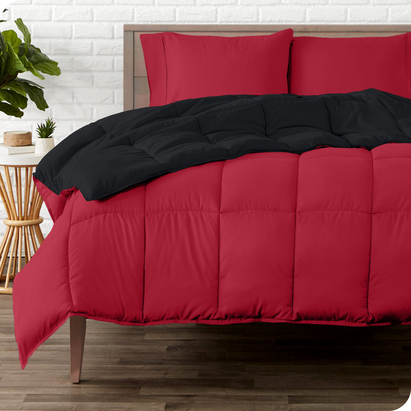 Lit dans un sac réversible en microfibre, Noir / rouge, rouge, Édredon grand et 2 taies d'oreiller