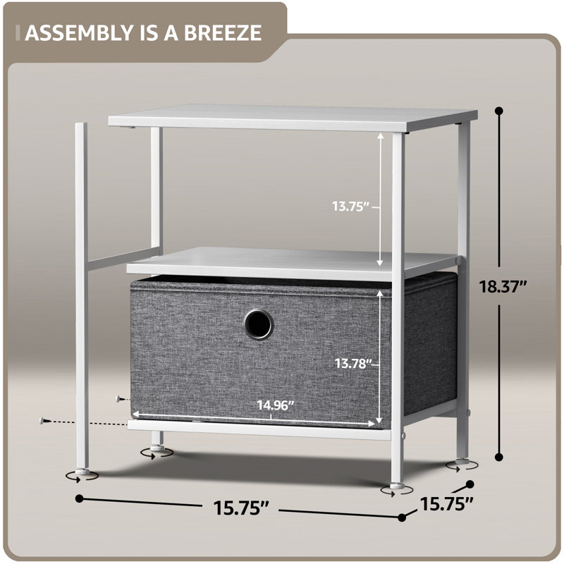 Sorbus 1 Drawer and Shelves Nightstand with Steel Frame, Wood Top & Fabric Bins - White, White