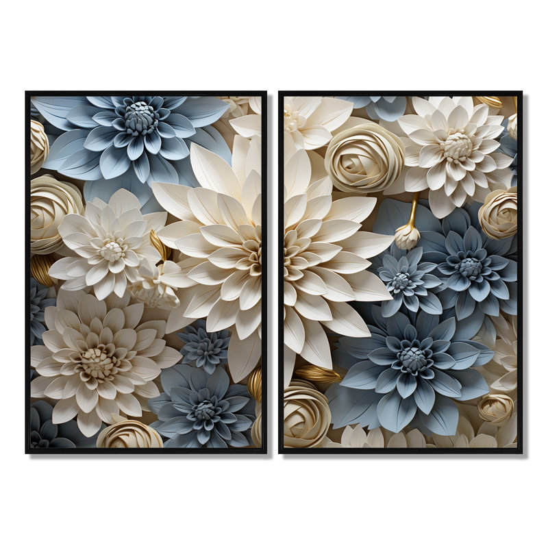 «Simplicity Mums Bloom» en beige et bleu pâle II - art mural grand maman, Impression encadrée flottante, Black, 36" H x 48" W