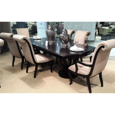 Rectangular Dining Table With Finish, Contemporary Style, Double Pedestal And Extension Leaf, Made Of Wood, Can Fit Six Finish Engineered Seats Up To
