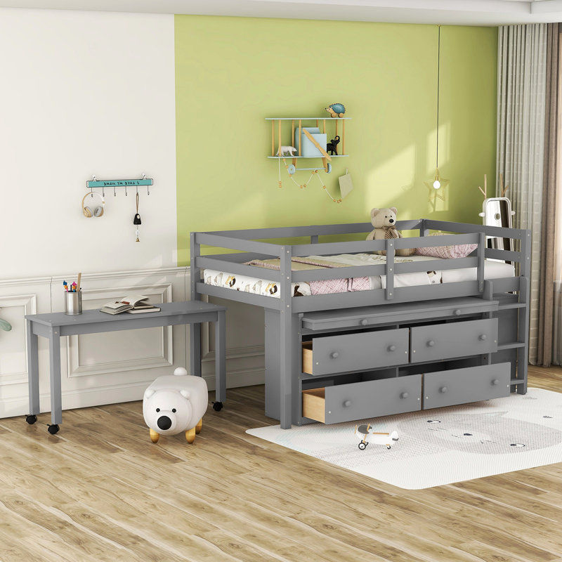 Lit mezzanine simple avec bureau d'écriture rétractable et 4 tiroirs, Gris