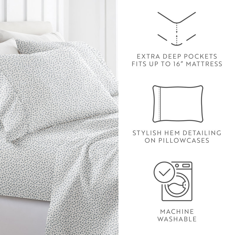 Blue Floral Microfiber Full Sheet Set with 1200 Thread Count