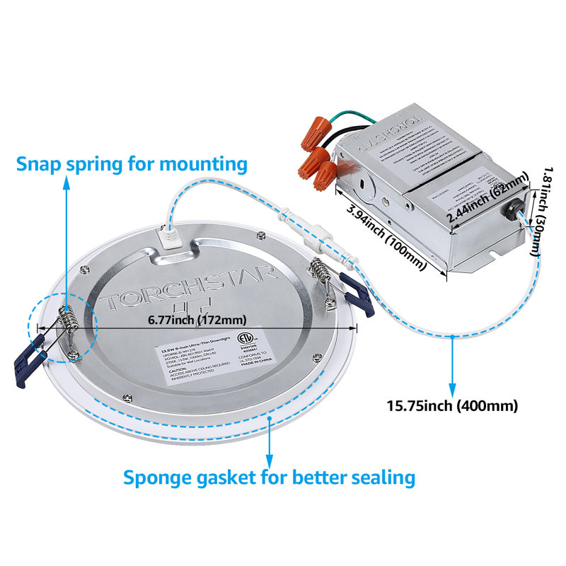 Luminaire encastré à DEL 6,77 "ultra mince à intensité variable avec J-Box 3000K blanc chaud