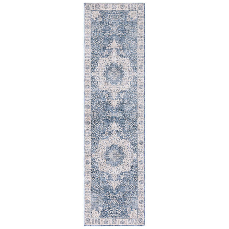 Tapis oriental bleu / ivoire, Tapis de couloir 2 pi 2 po x 8 pi