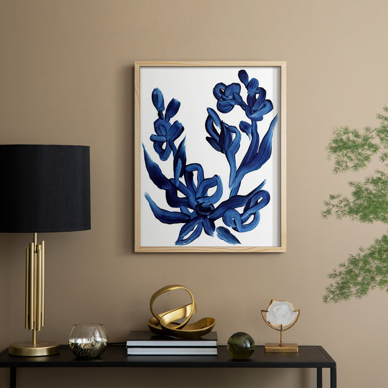 Indigo Brush Blooms I Framed Print - Solid Wood, Natural, 11" H x 9" W