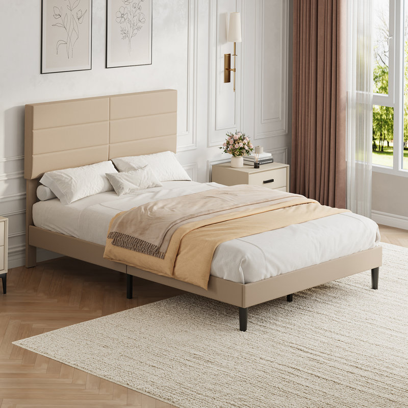 Lit plateforme tapissier pleine grandeur avec tête de lit réglable, structure en tissu de lin et support à lattes de bois, conception silencieuse pour les chambres modernes
