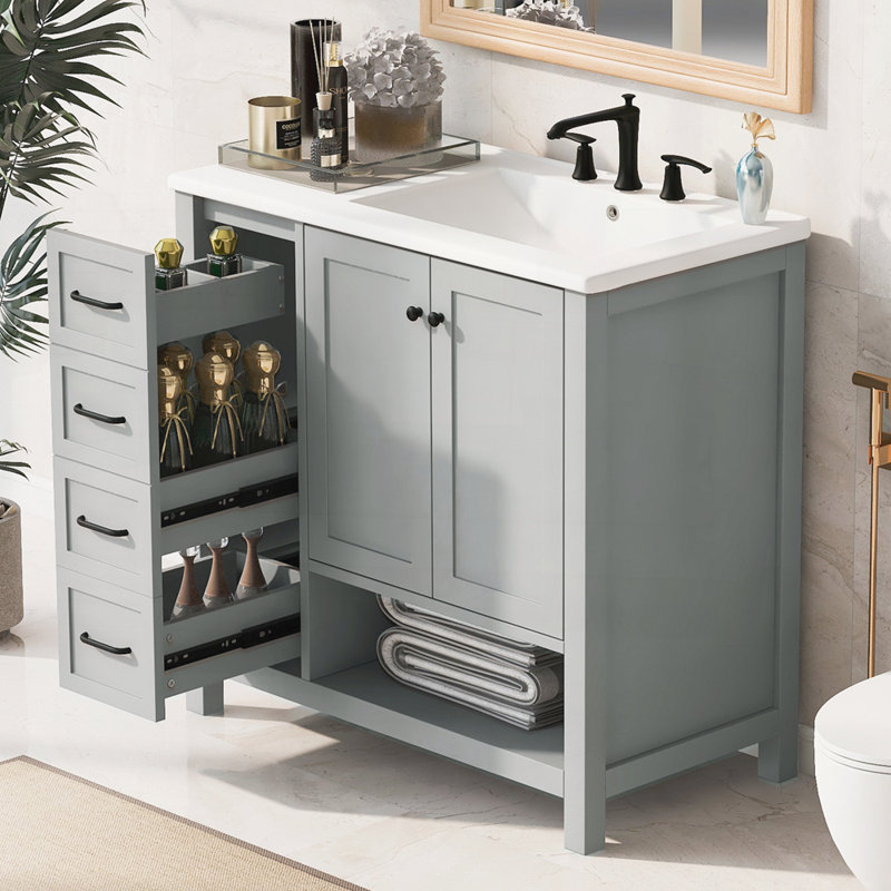 Meuble-lavabo 36 po avec comptoir d'évier, meuble-lavabo avec deux portes et deux tiroirs, Gris