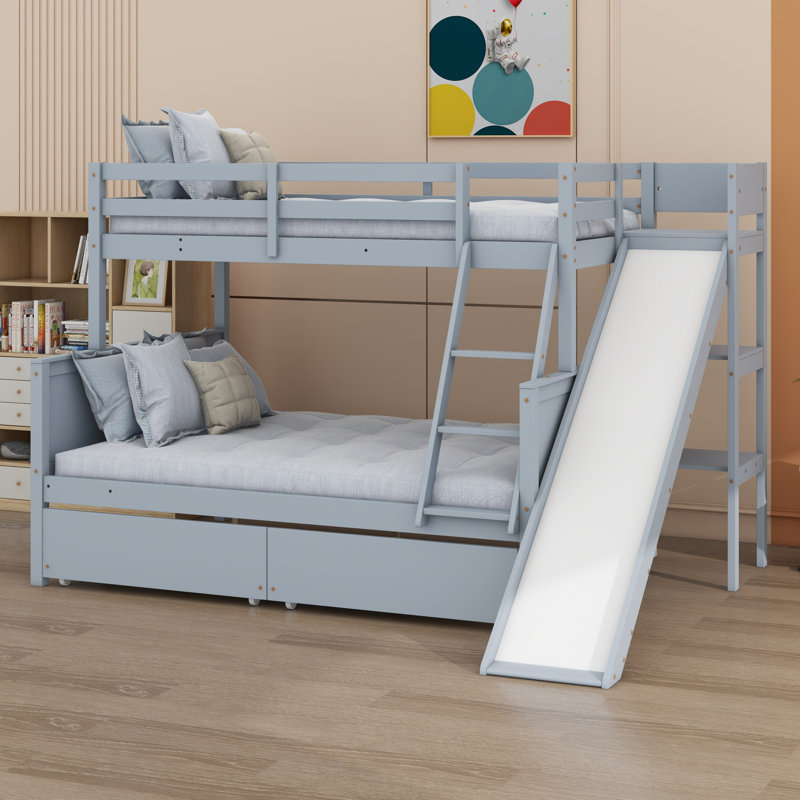Lit superposé avec tiroirs, glissade, tablettes, échelle, Gris