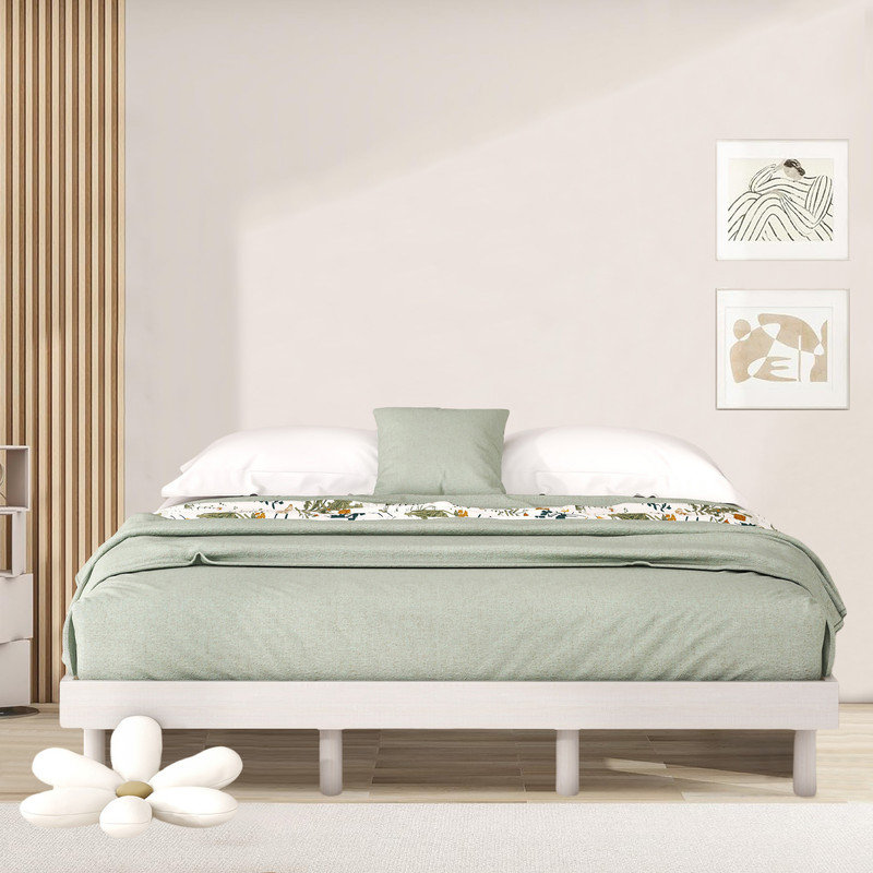 Base de lit plateforme en bois flottant, Blanc, Grand lit