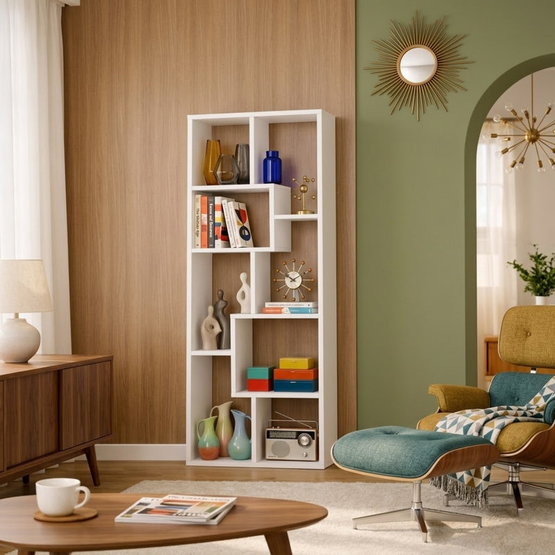 5-tier Modern Geometric Asymmetrical Bookcase, Open Back Etagere Display Shelf, White