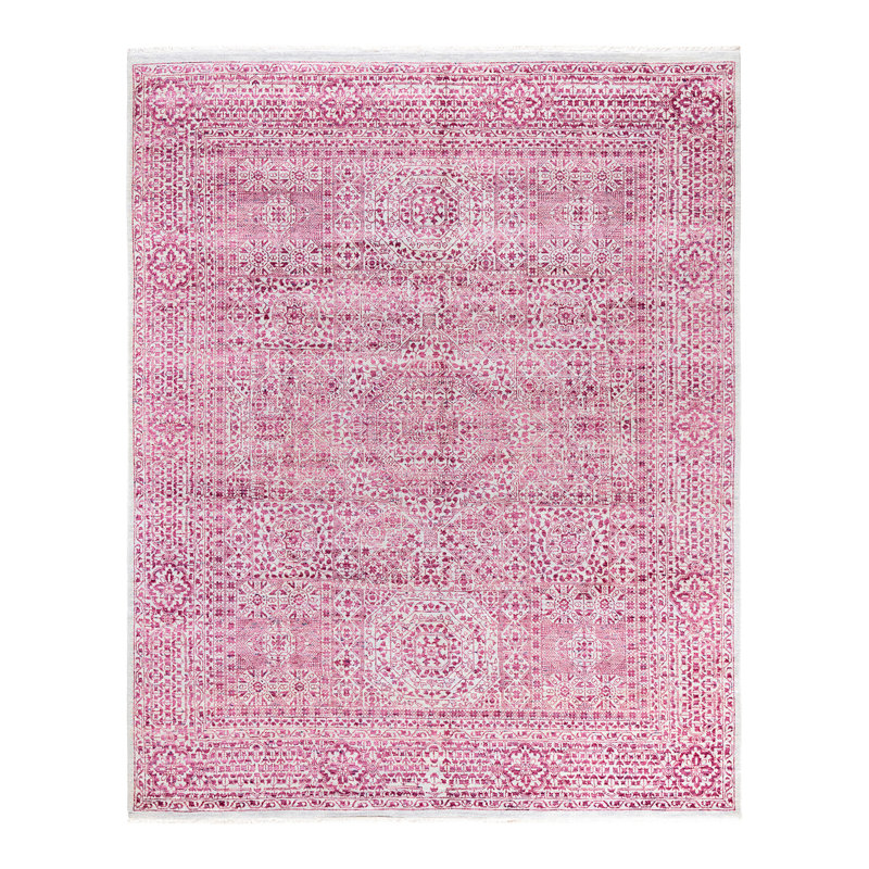 Handmade Pink and Gray Wool Silk Medallion Area Rug, 8' 1" x 10' 0"