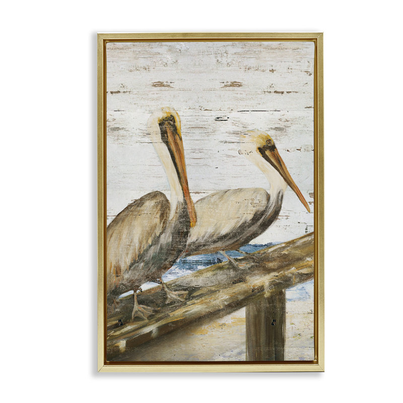 «Rustic Pelicans Perché» par Julie DeRice, H 25 po x l 17 po, Cadre flottant métallique doré