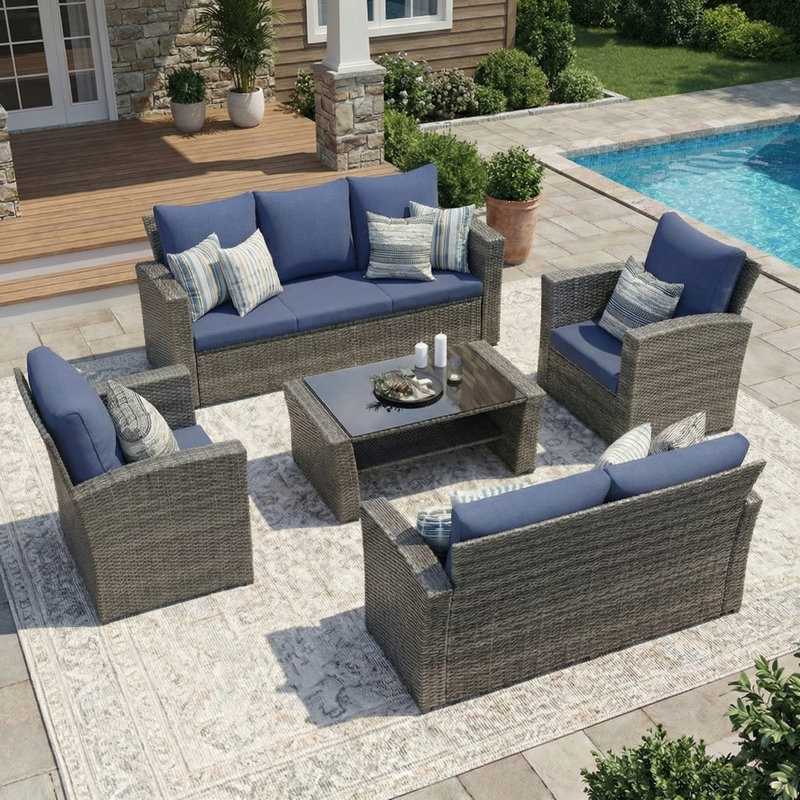 7-Person Wicker Patio Furniture Set With Cushions, Blue