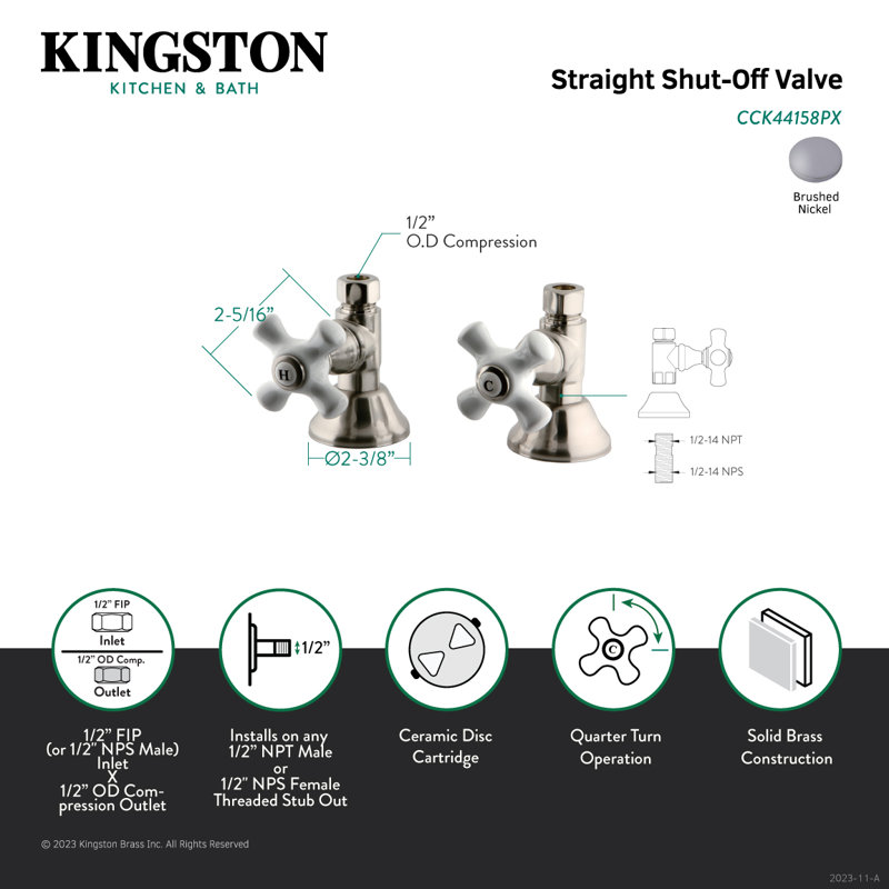 Soupape d'arrêt droite 1/4 "FIP x 1/2" Kingston, Nickel brossé