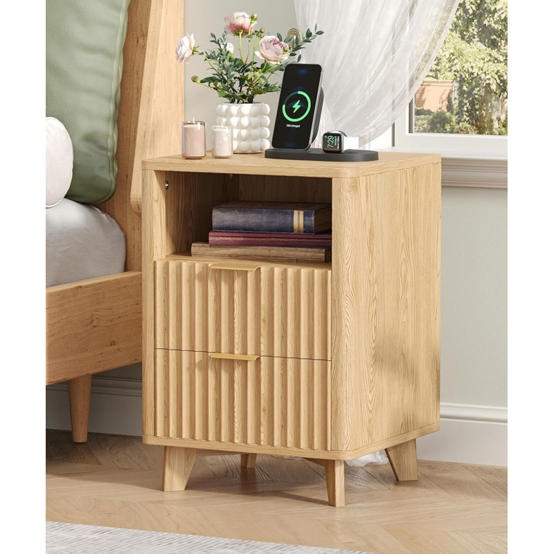 Fluted Nightstand With Charging Station And LED Light In Natural Oak