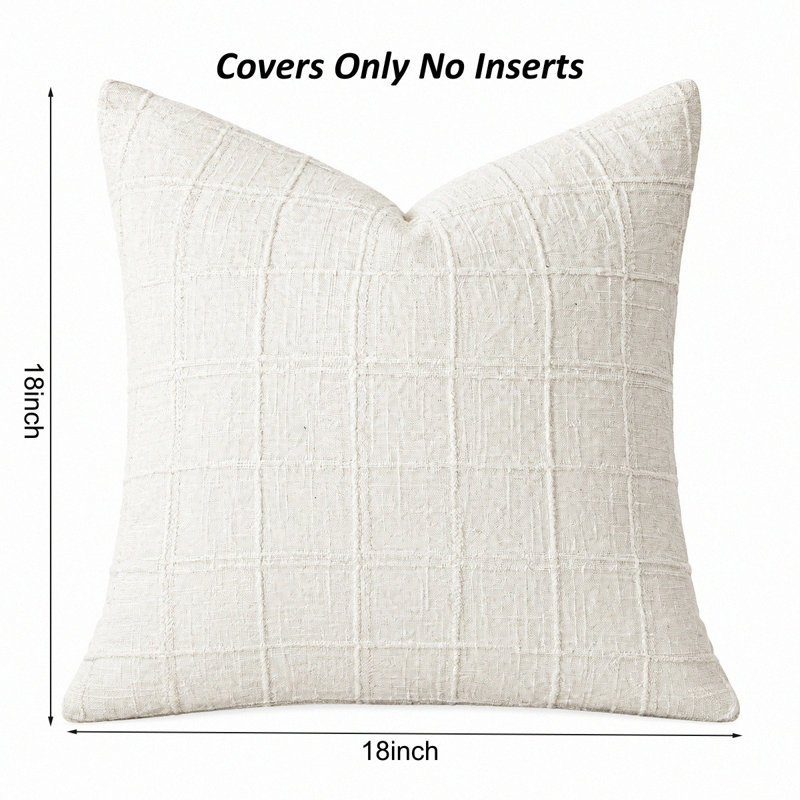 18 x 18 Inch Boho Linen Check Decorative Throw Pillow Covers, White