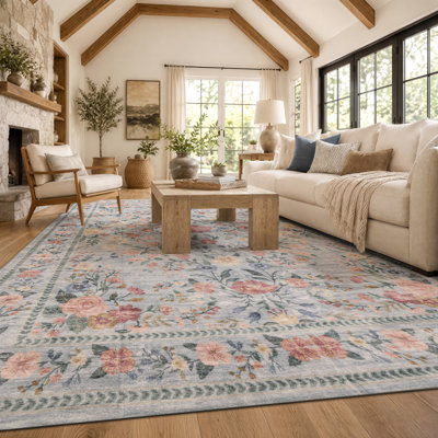 Floral Garden Coastal Blue Machine Washable Non-Slip Backing Area Rug