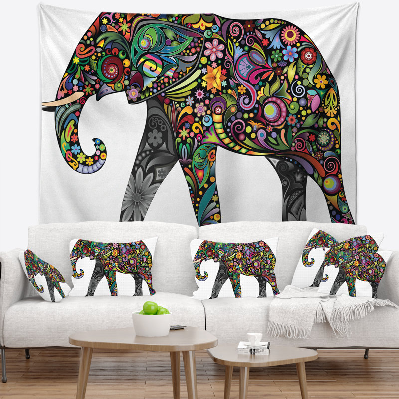 Tapisserie éléphant joyeuse animal floral, H 32 po x l 39 po