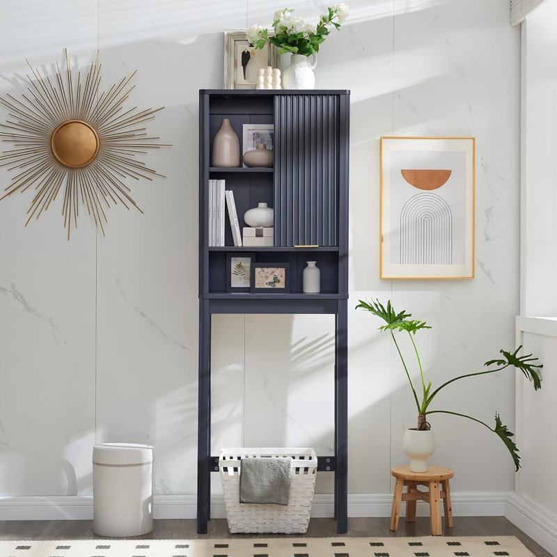 Armoire de rangement autoportante au-dessus de la toilette avec porte coulissante cannelée Riccio, Gris foncé